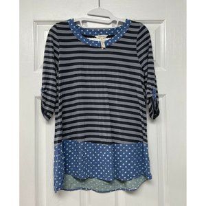 Matilda Jane Blue Striped Top Size S Polka Dots 3/4 Roll Tab Sleeve Tunic XS